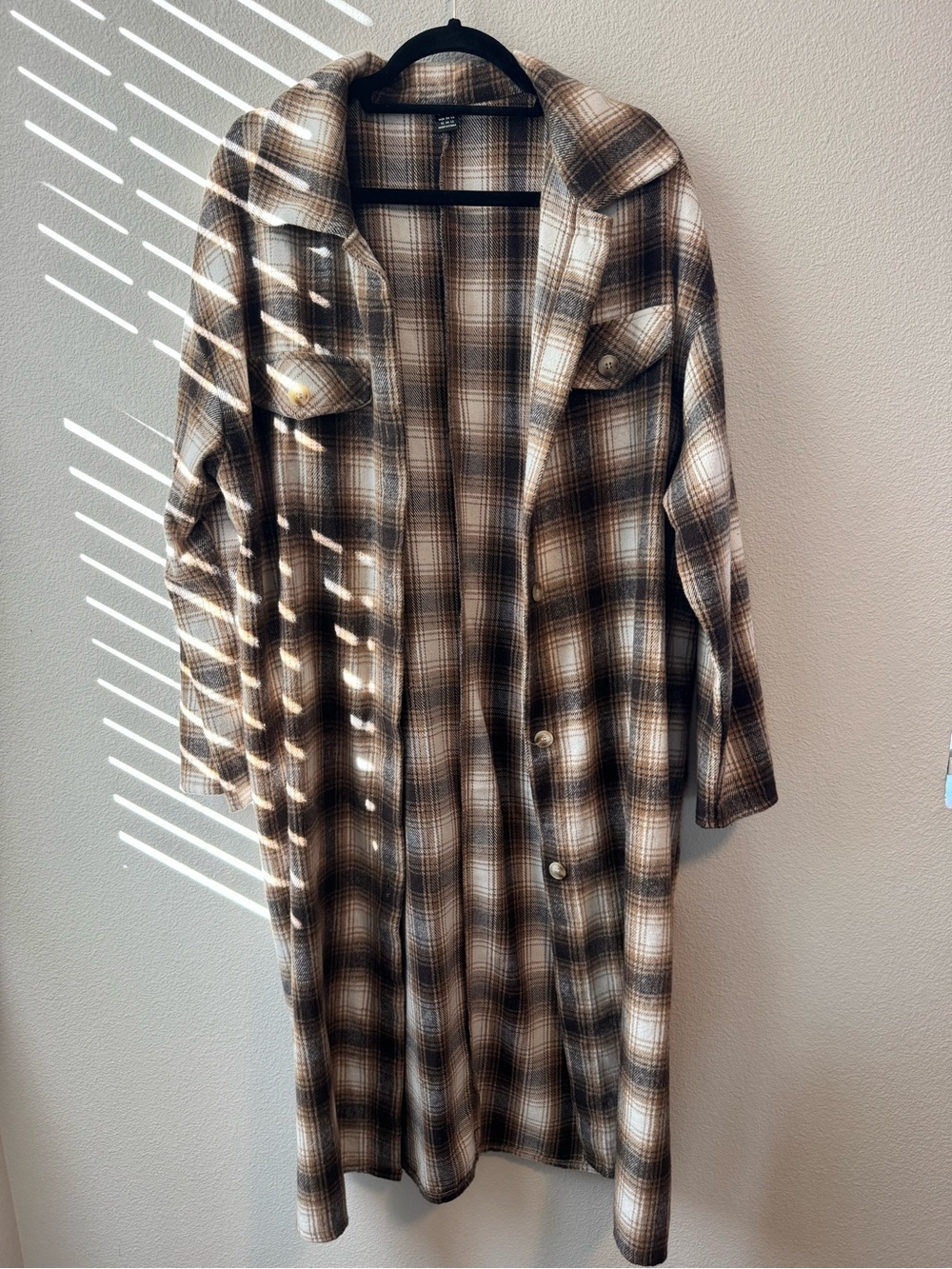 SHEIN Brown and Cream Plaid Long Robe Coat